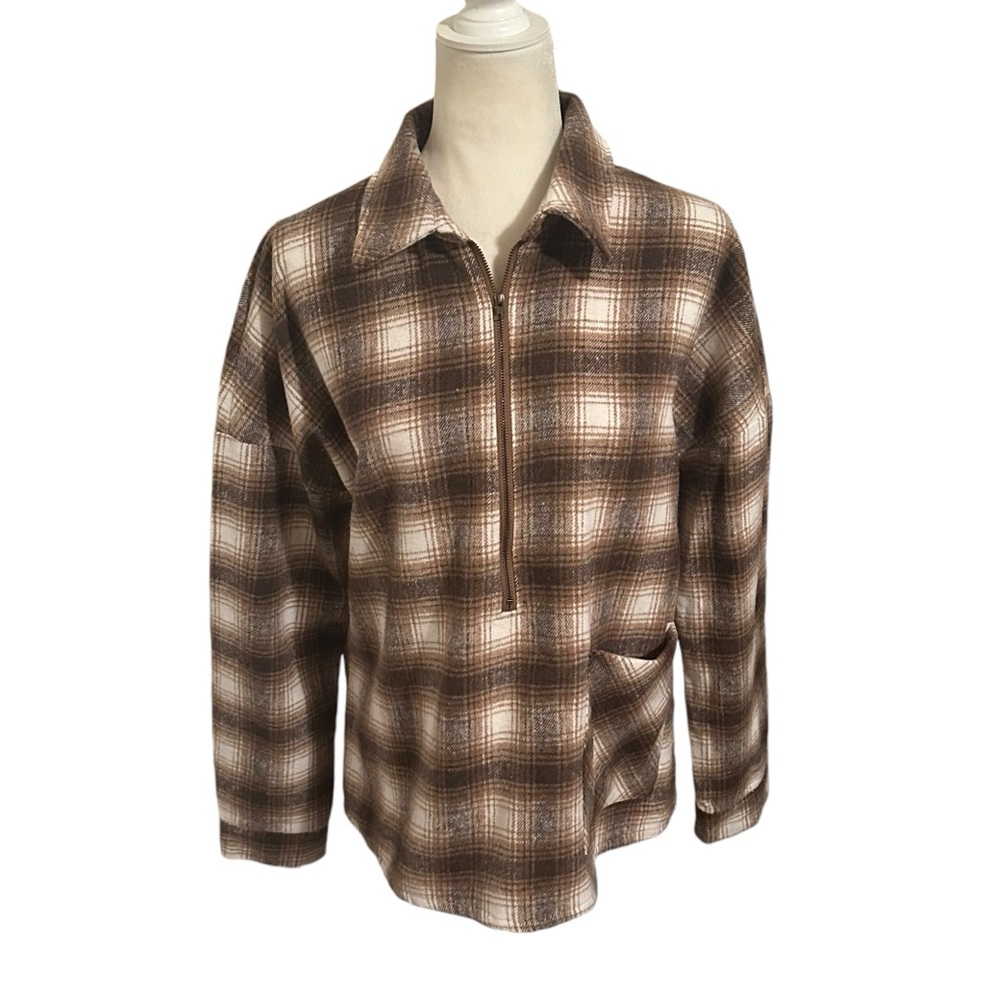 Andree By Unit Women’s Brown Plaid Flannel Pullover 1/2 Zip